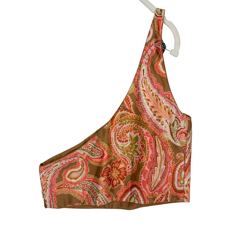 Baiia One Shoulder Reversible Half Bikini Top 10 Brown Paisley Sustainable Boho